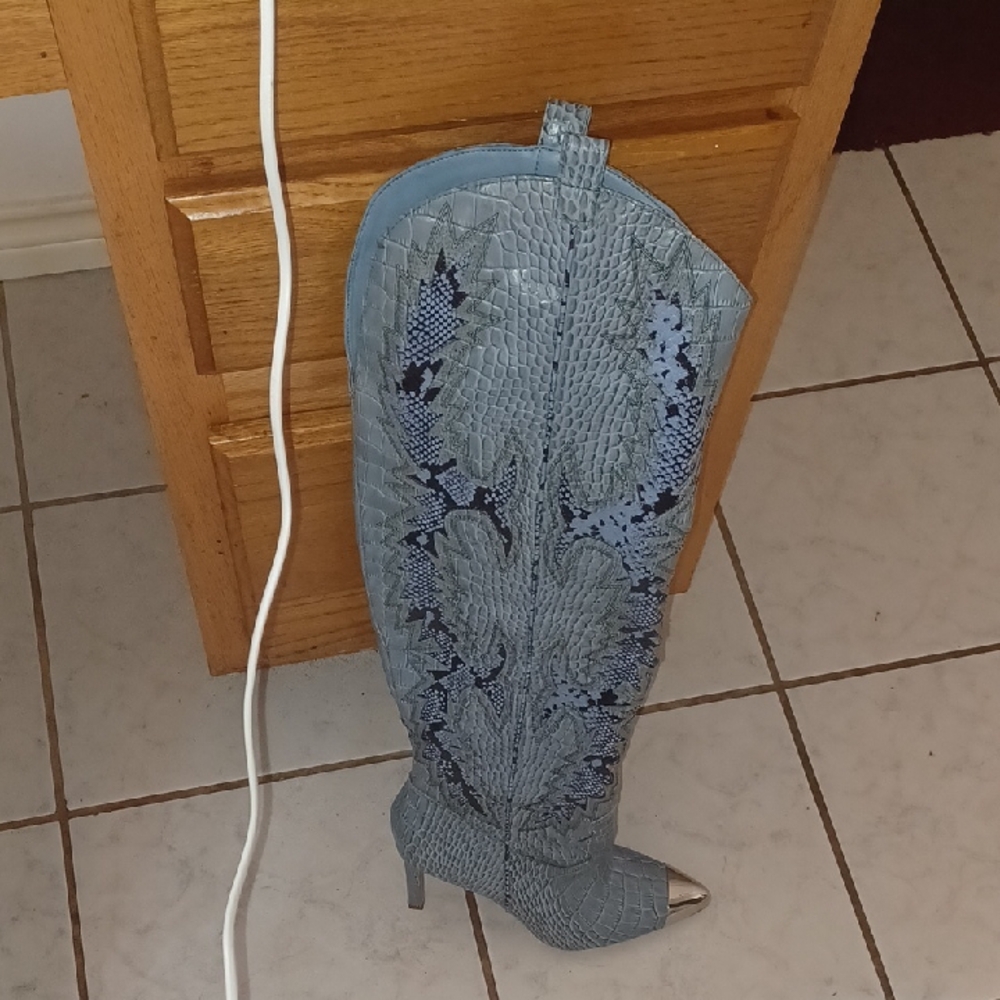 Designer Blue Snakeskin Knee-High Boots